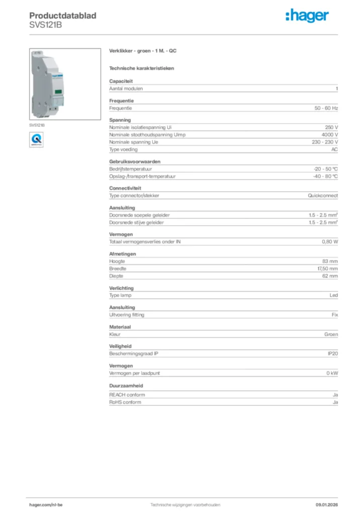 Afbeelding Hager Productdatablad SVS121B | Hager Belgium