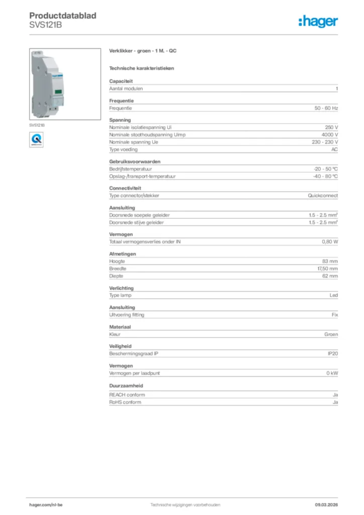 Afbeelding Hager Productdatablad SVS121B | Hager Belgium