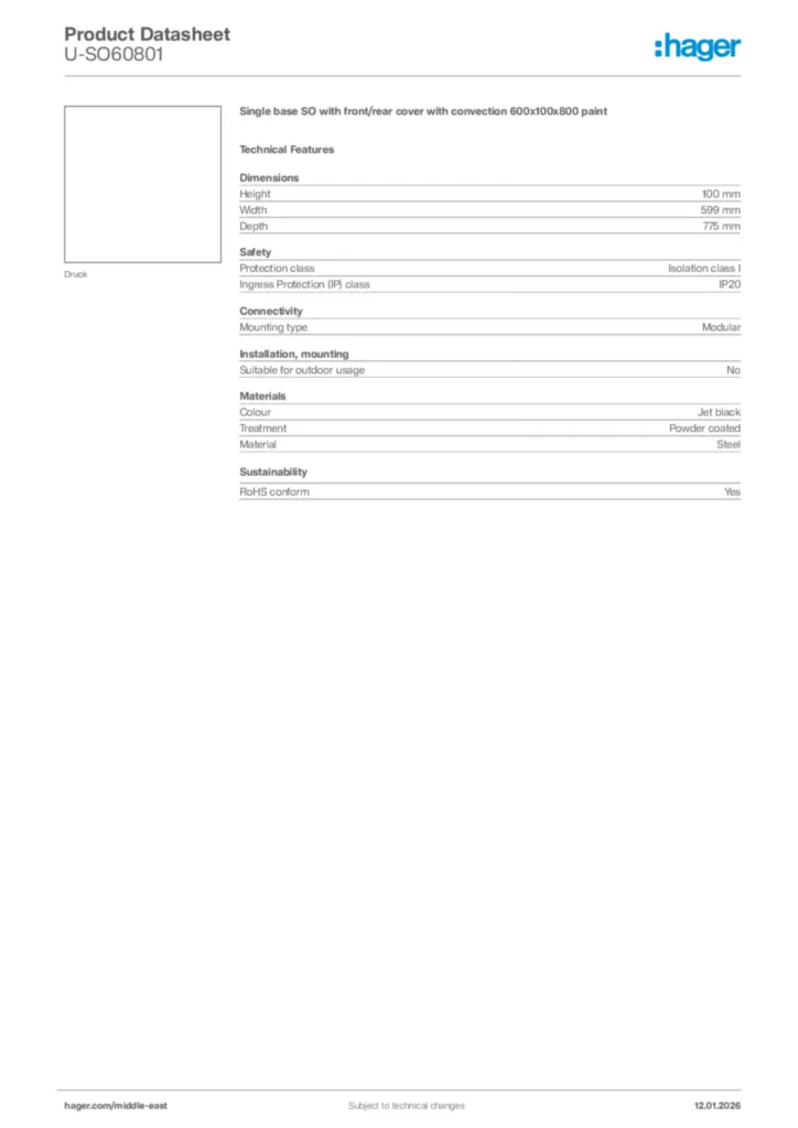 Image Hager Product data sheet U-SO60801  | Hager