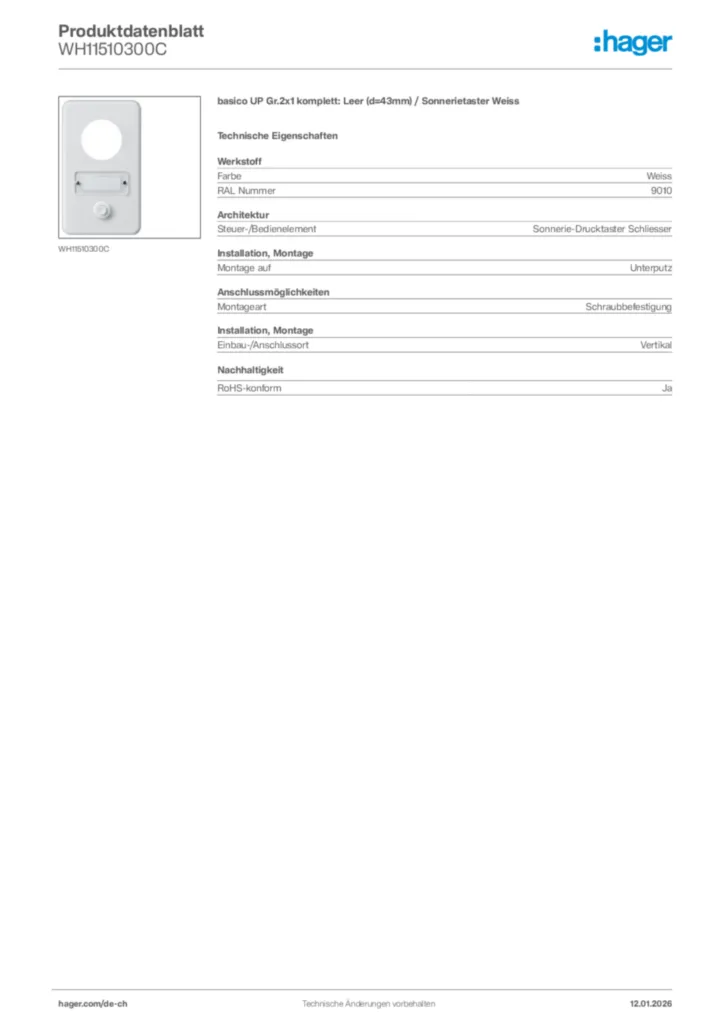 Bild Hager Produktdatenblatt WH11510300C | Hager Schweiz