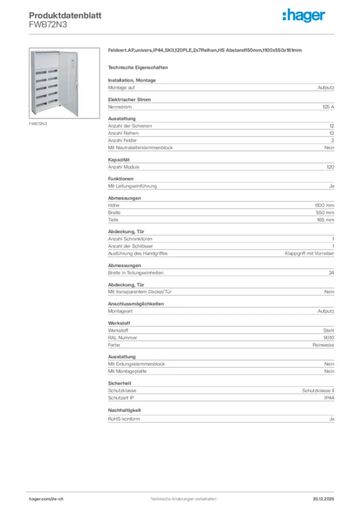 Bild Hager Produktdatenblatt FWB72N3 | Hager Schweiz