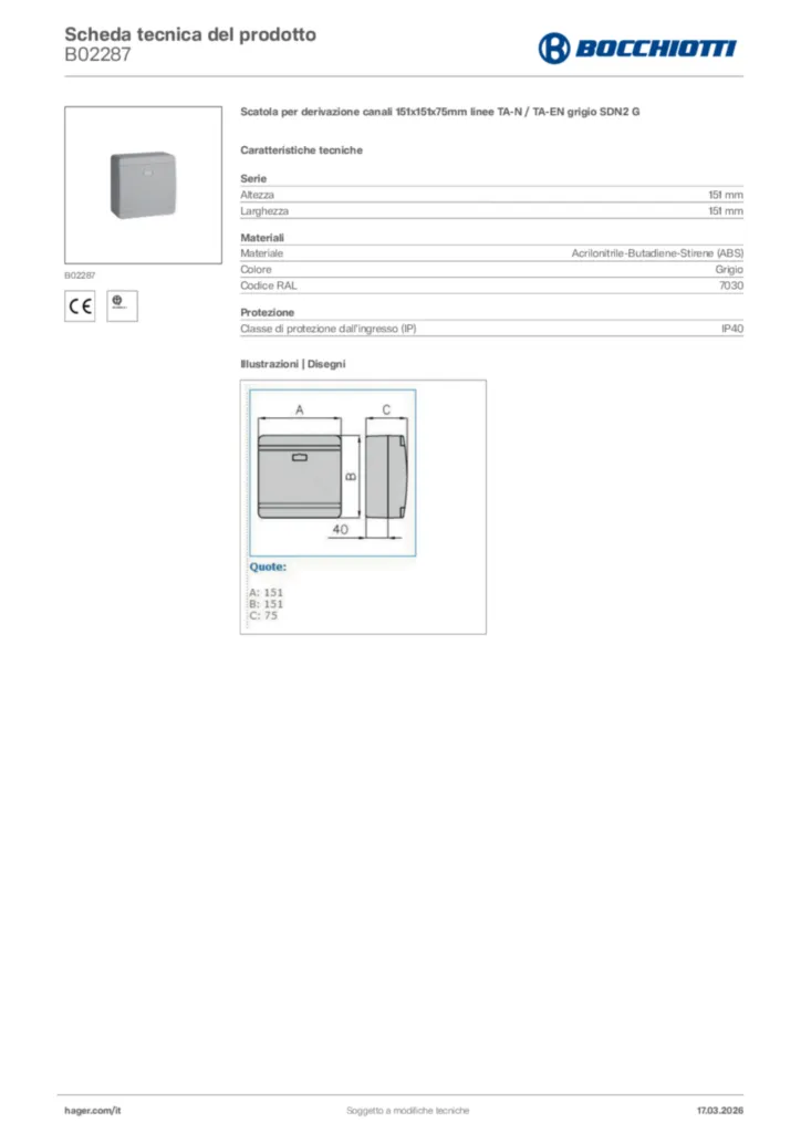 Immagine Bocchiotti Scheda tecnica del prodotto B02287 | Hager Italia