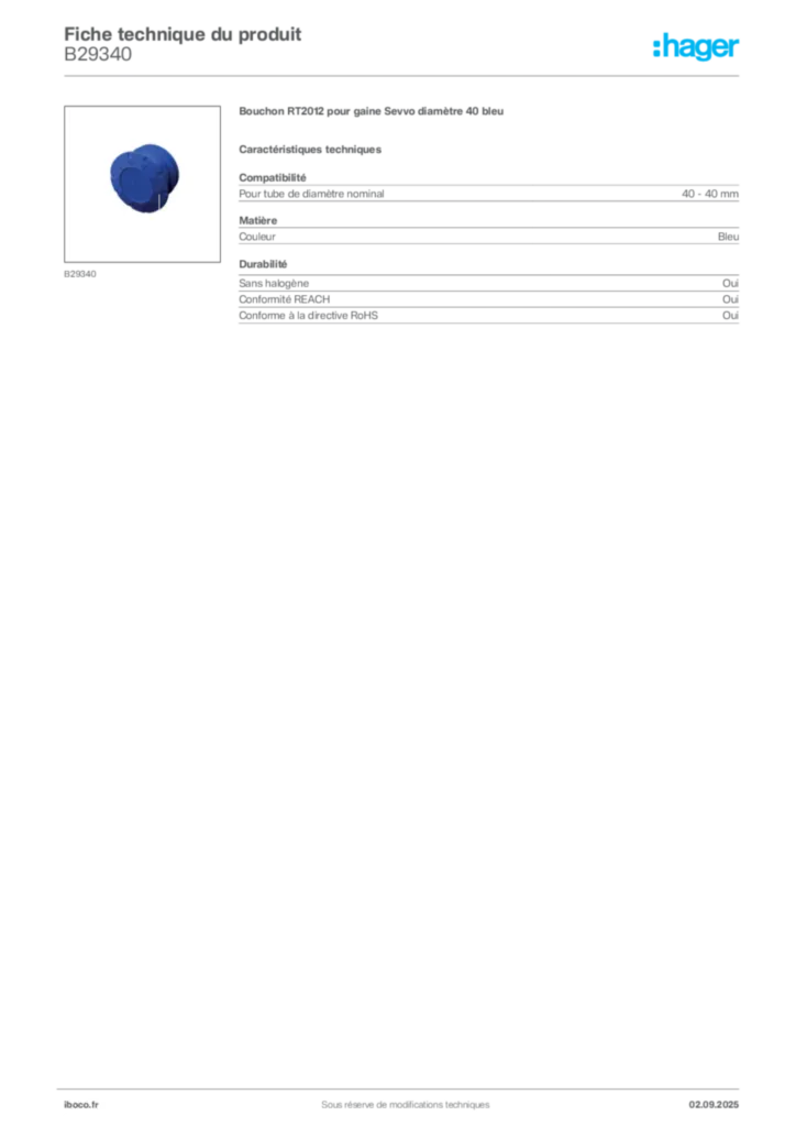 Image Iboco Fiche technique du produit B29340 | Hager France