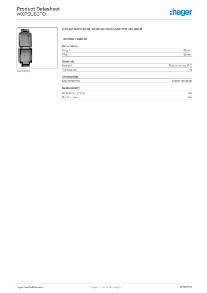 Image Hager Product data sheet WXPSU83FO  | Hager