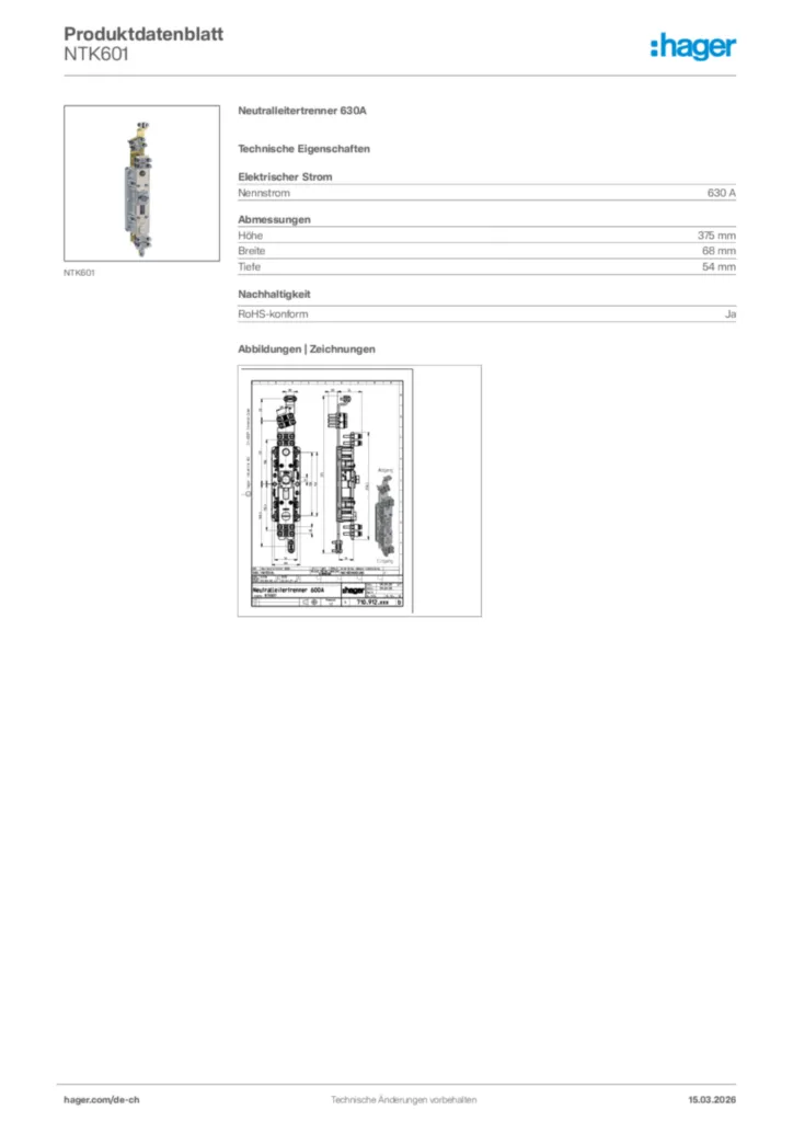 Bild Hager Produktdatenblatt NTK601 | Hager Schweiz