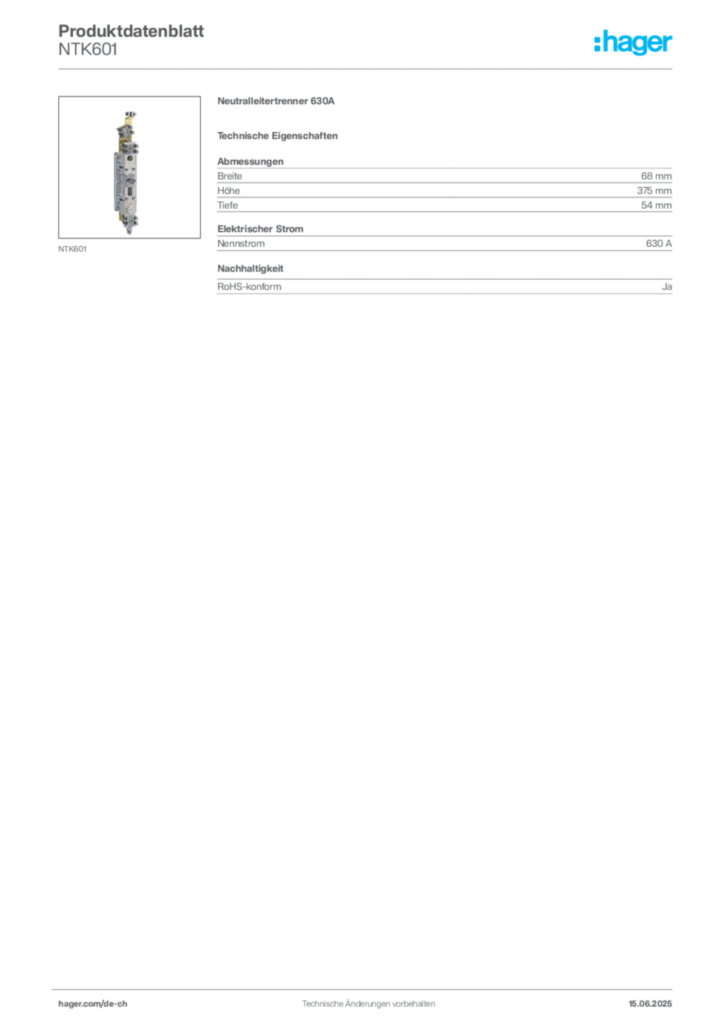 Bild Hager Produktdatenblatt NTK601 | Hager Schweiz