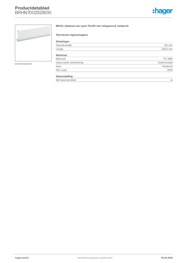 Afbeelding Hager Productdatablad BRHN7002529010 | Hager Nederland