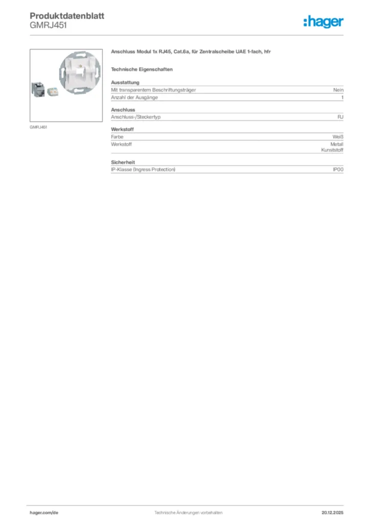 Bild Hager Produktdatenblatt GMRJ451 | Hager Deutschland
