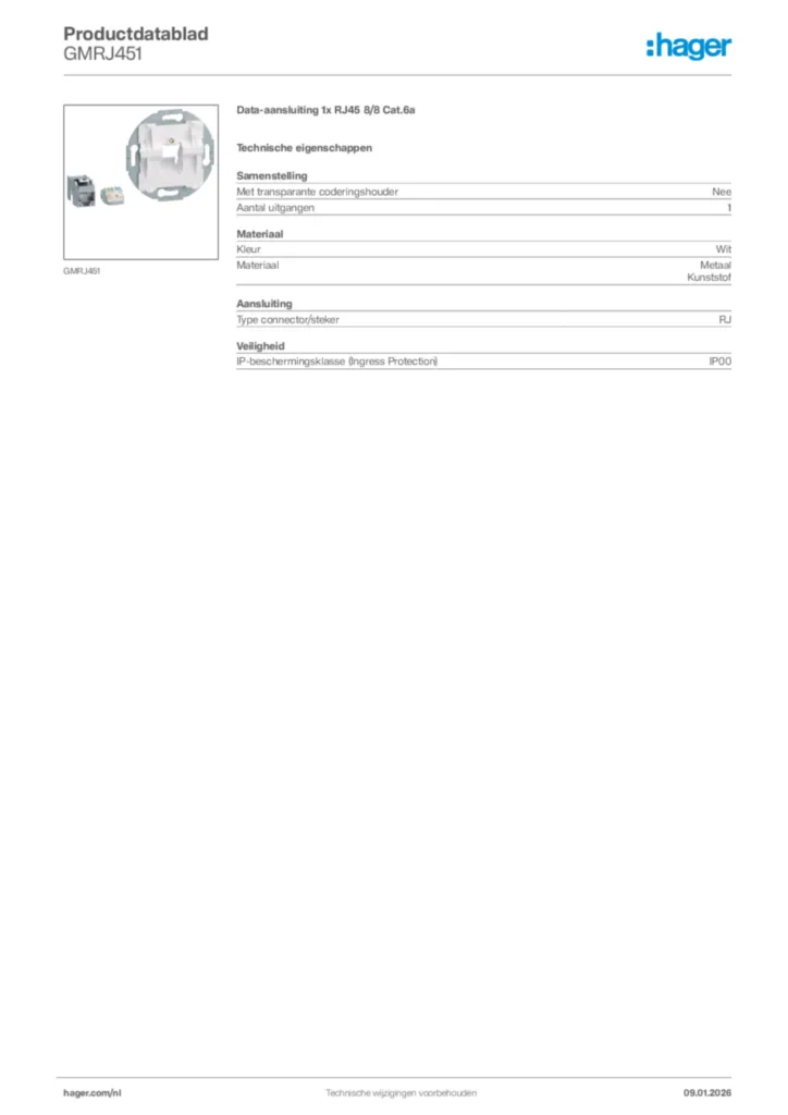 Afbeelding Hager Productdatablad GMRJ451 | Hager Nederland