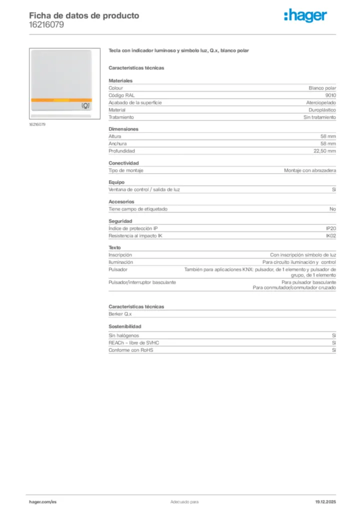 Imagen Hager Ficha de datos de producto 16216079 | Hager España