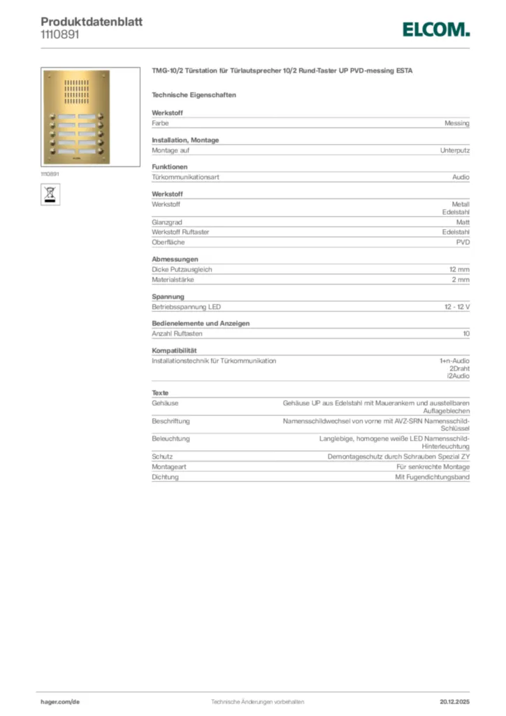 Bild Elcom Produktdatenblatt 1110891 | Hager Deutschland