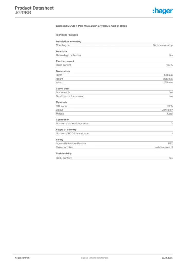 Image Hager Product data sheet JG37BR  | Hager