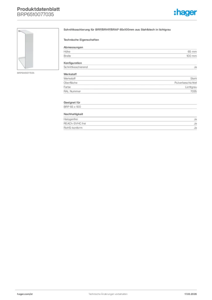 Bild Hager Produktdatenblatt BRP6510077035 | Hager Deutschland