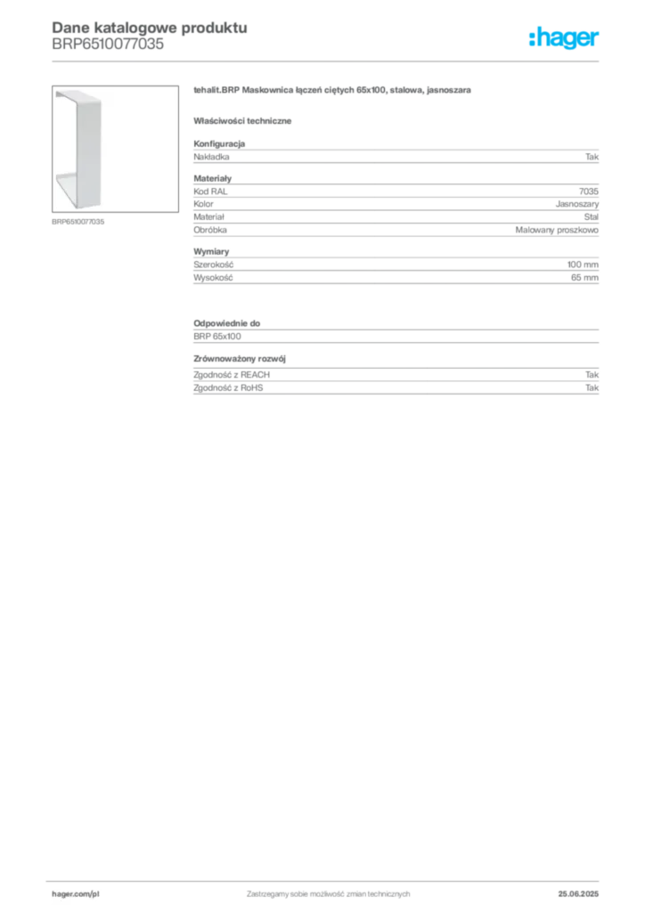 Zdjęcie Hager Karta katalogowa BRP6510077035 | Hager Polska