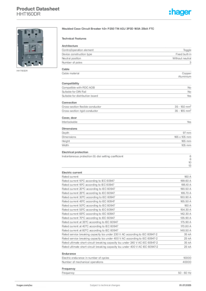 Image Hager Product data sheet HHT160DR  | Hager Australia