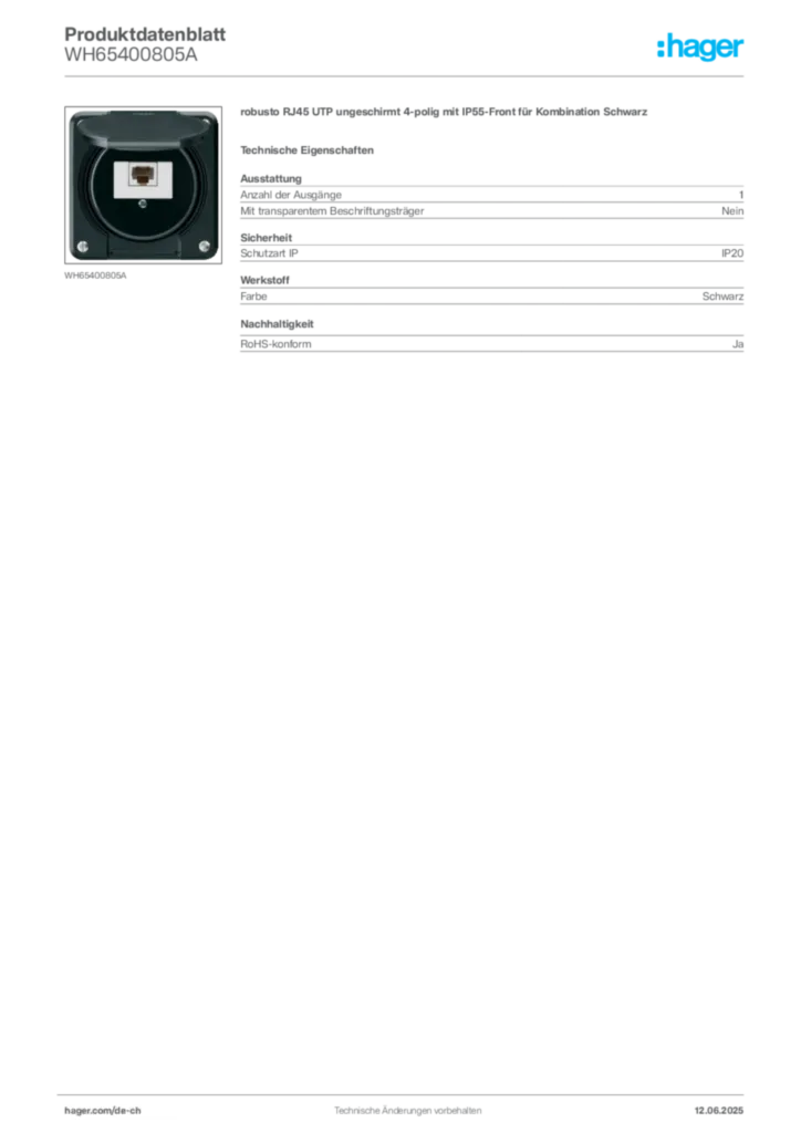 Bild Hager Produktdatenblatt WH65400805A | Hager Schweiz