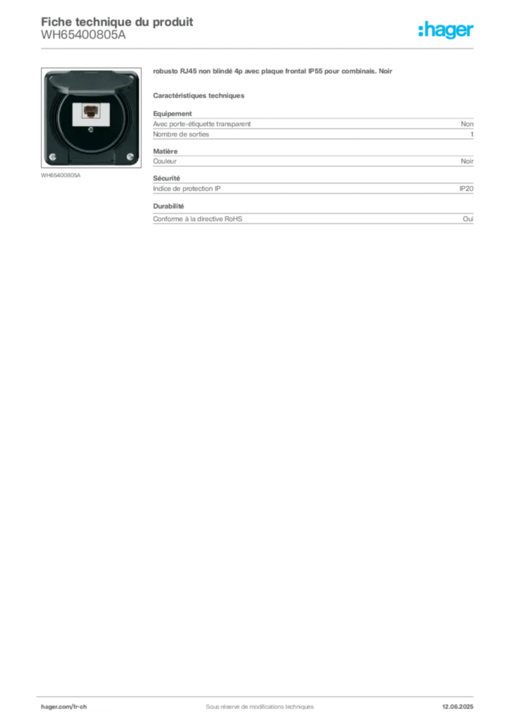 Image Hager Fiche technique du produit WH65400805A | Hager Suisse