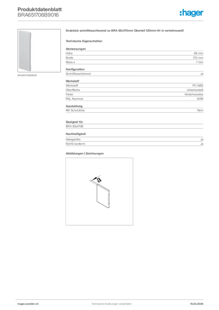 Bild Hager Produktdatenblatt BRA651706B9016 | Hager Schweiz