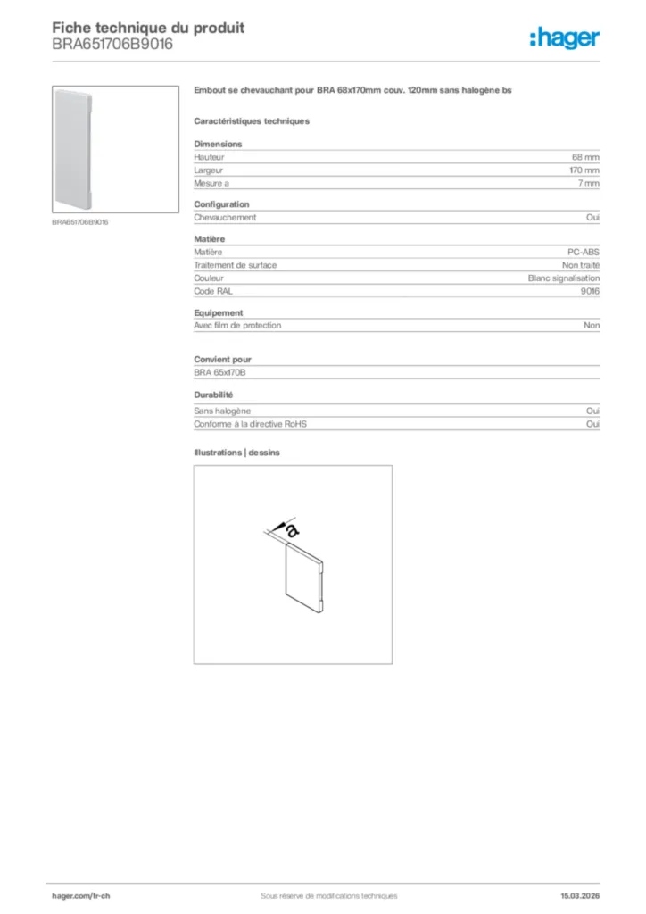 Image Hager Fiche technique du produit BRA651706B9016 | Hager Suisse