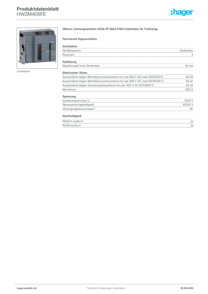 Bild Hager Produktdatenblatt HW2M408FE | Hager Schweiz
