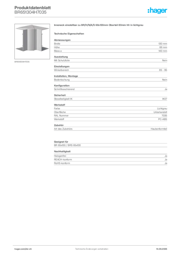 Bild Hager Produktdatenblatt BR651304H7035 | Hager Schweiz