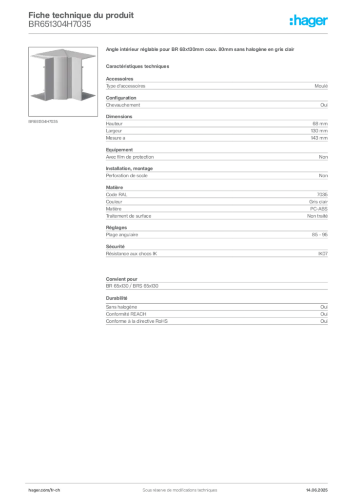 Image Hager Fiche technique du produit BR651304H7035 | Hager Suisse