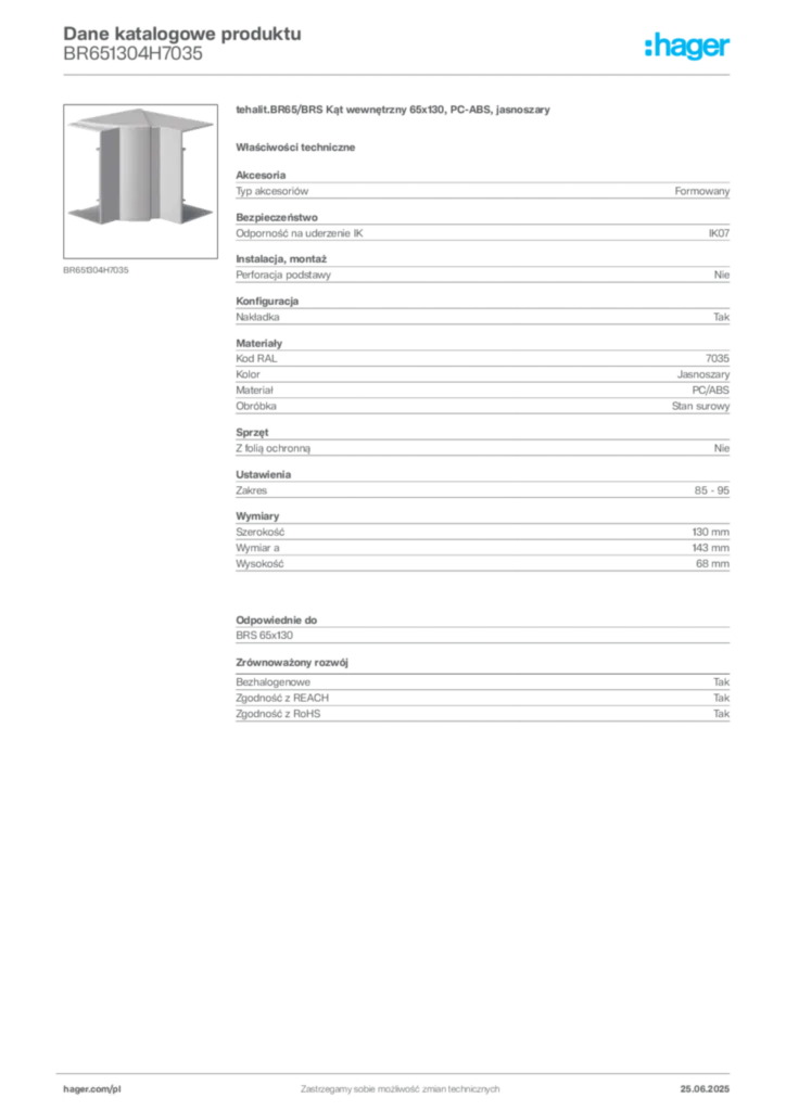 Zdjęcie Hager Karta katalogowa BR651304H7035 | Hager Polska