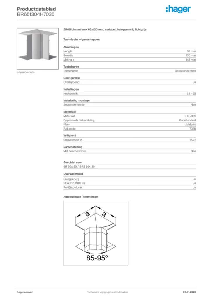 Afbeelding Hager Productdatablad BR651304H7035 | Hager Nederland