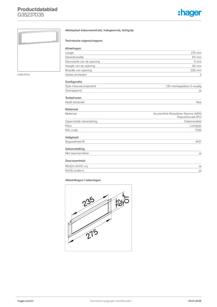 Afbeelding Hager Productdatablad G35237035 | Hager Nederland