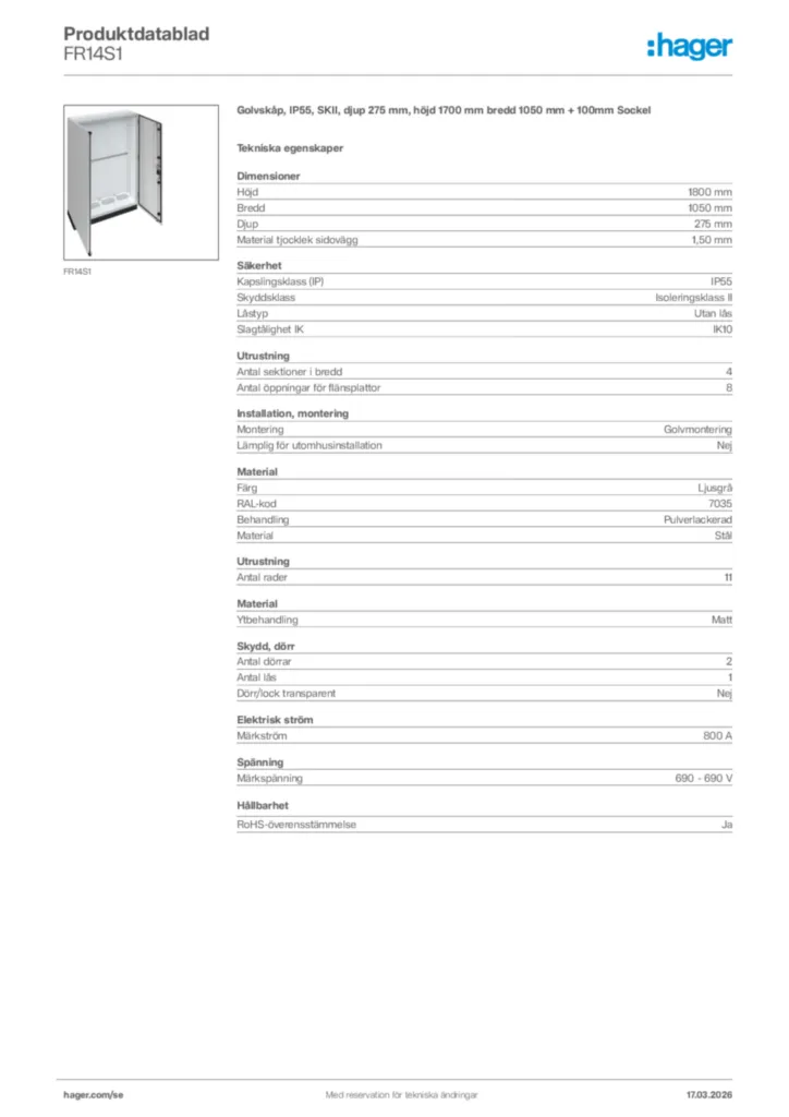 Bild Hager Produktdatablad FR14S1 | Hager Sverige