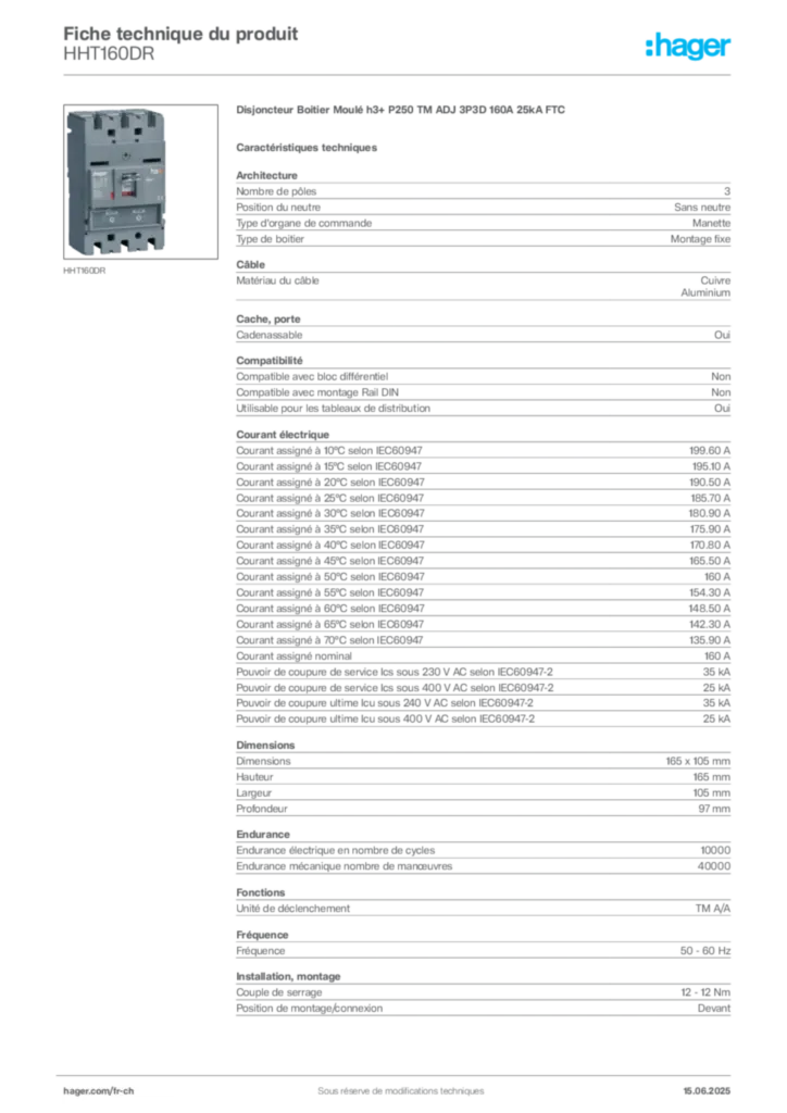 Image Hager Fiche technique du produit HHT160DR | Hager Suisse