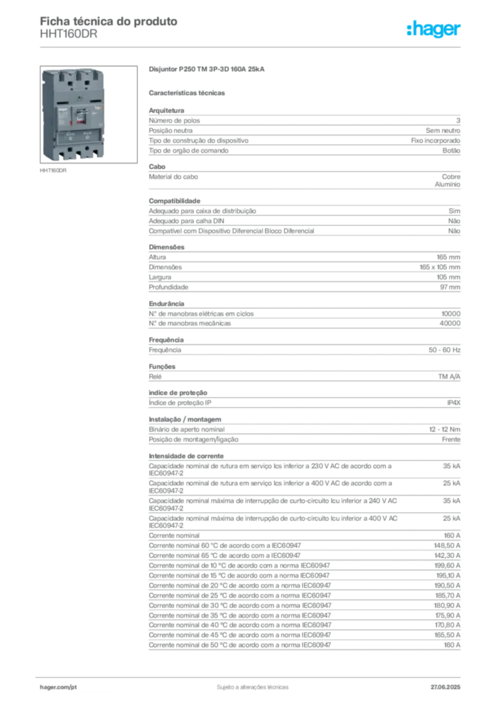 Imagem Hager Ficha técnica do produto HHT160DR | Hager Portugal