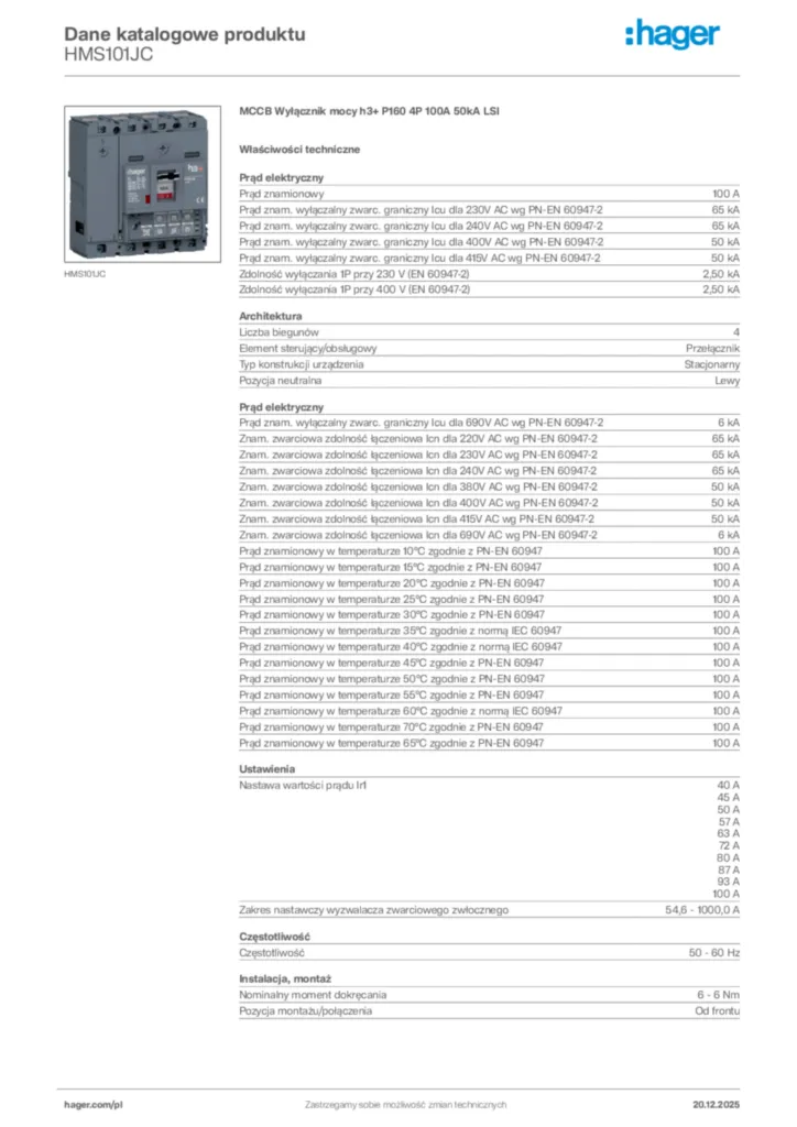 Zdjęcie Hager Karta katalogowa HMS101JC | Hager Polska