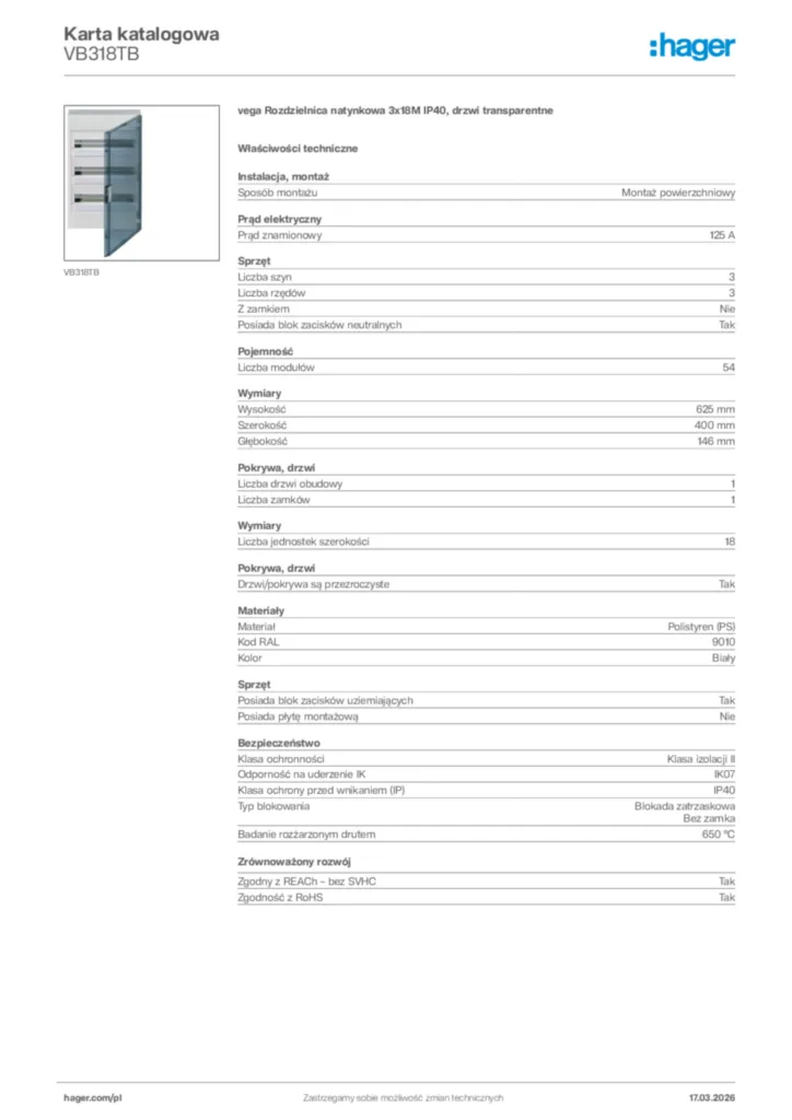 Zdjęcie Hager Karta katalogowa VB318TB | Hager Polska