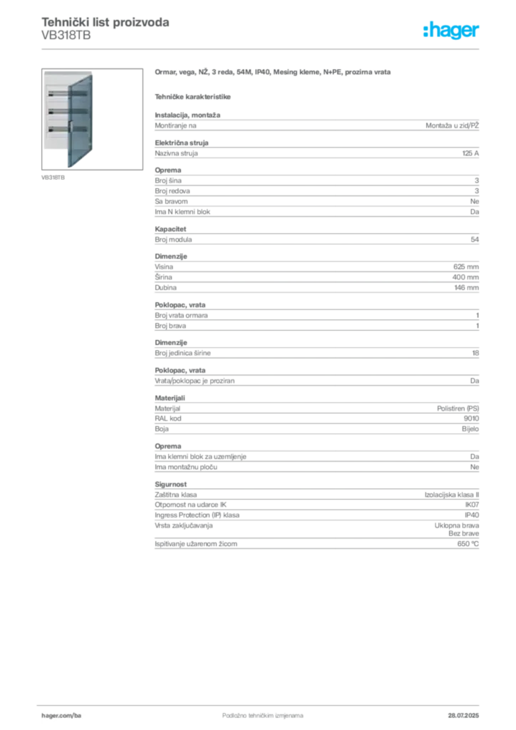 Slika Hager Product data sheet VB318TB  | Hager