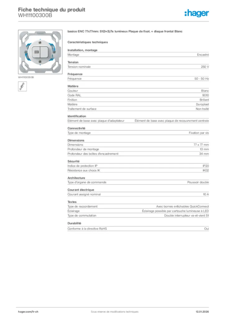 Image Hager Fiche technique du produit WH11100300B | Hager Suisse