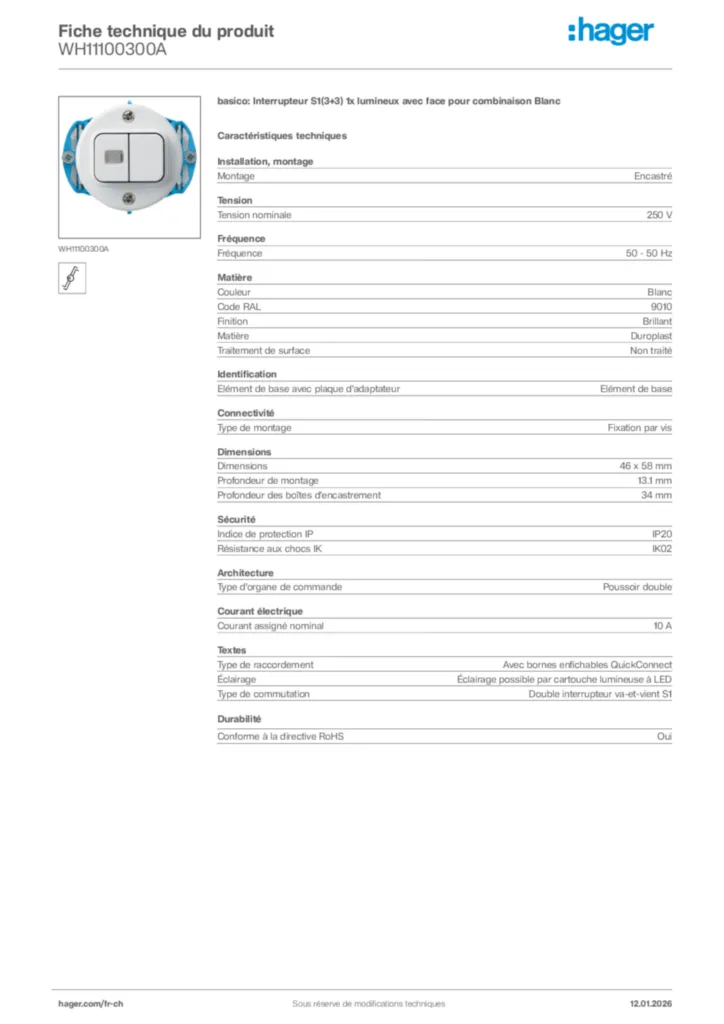 Image Hager Fiche technique du produit WH11100300A | Hager Suisse