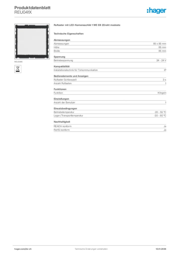 Bild Hager Produktdatenblatt REU041X | Hager Schweiz