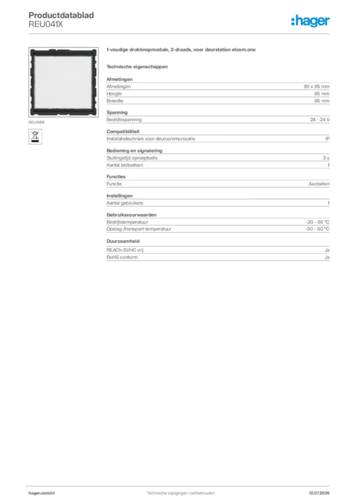 Afbeelding Hager Productdatablad REU041X | Hager Nederland