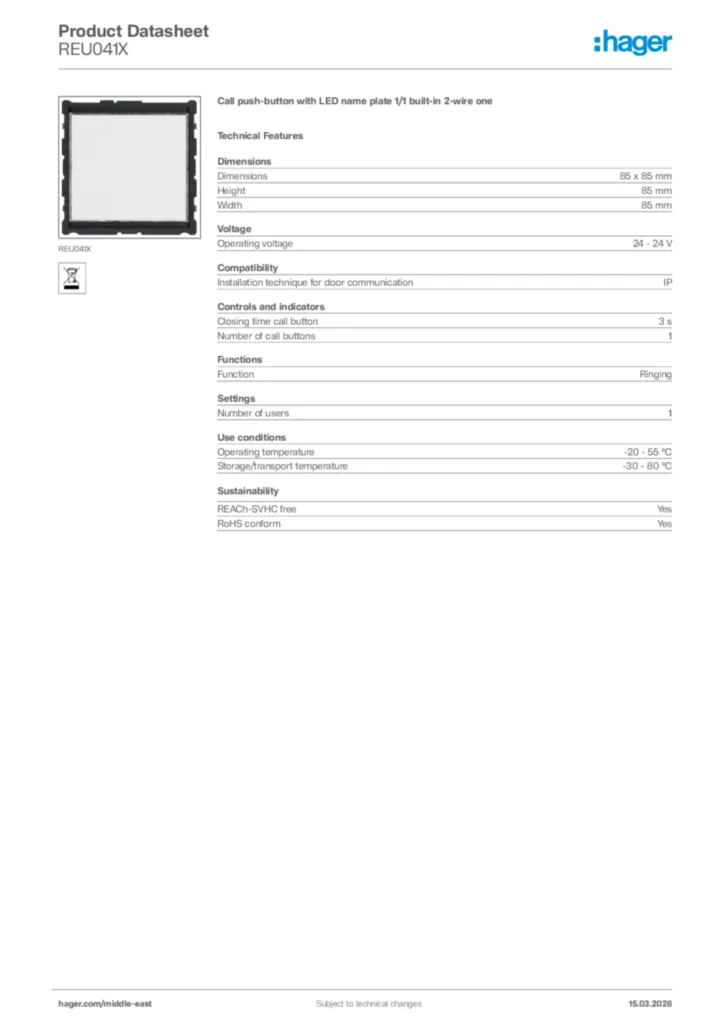 Image Hager Product data sheet REU041X  | Hager