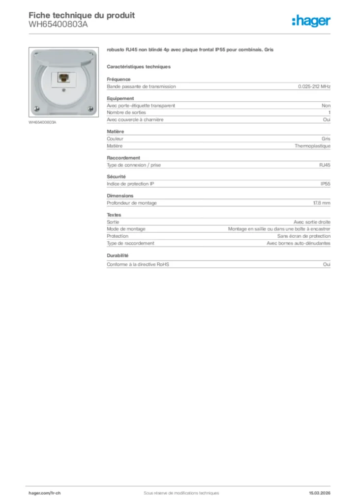 Image Hager Fiche technique du produit WH65400803A | Hager Suisse