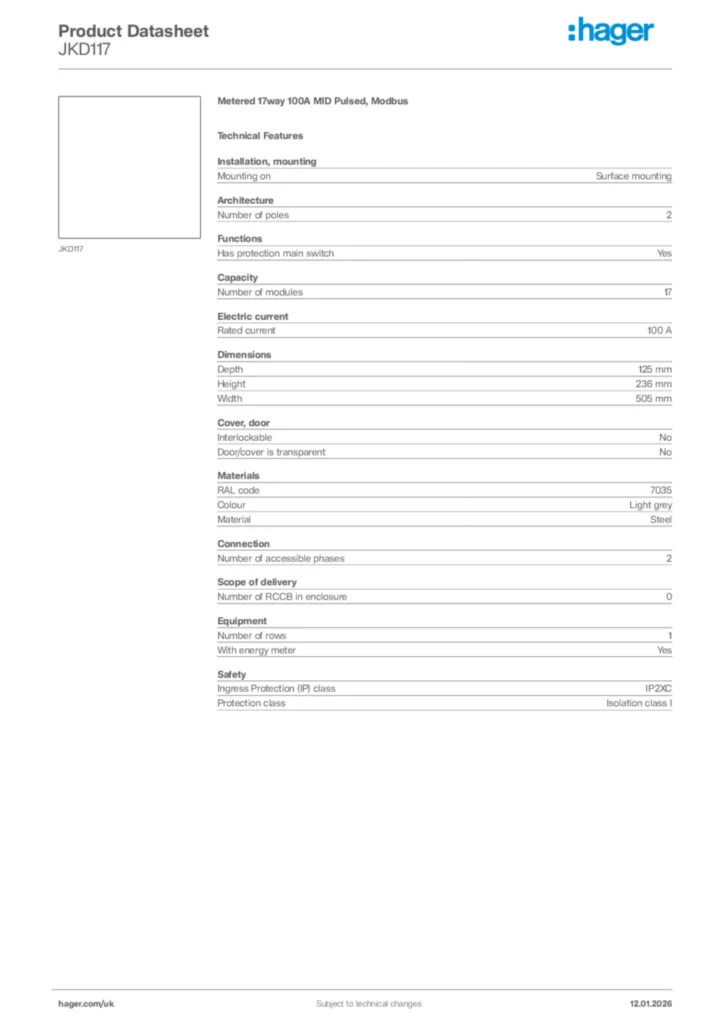 Image Hager Product data sheet JKD117  | Hager