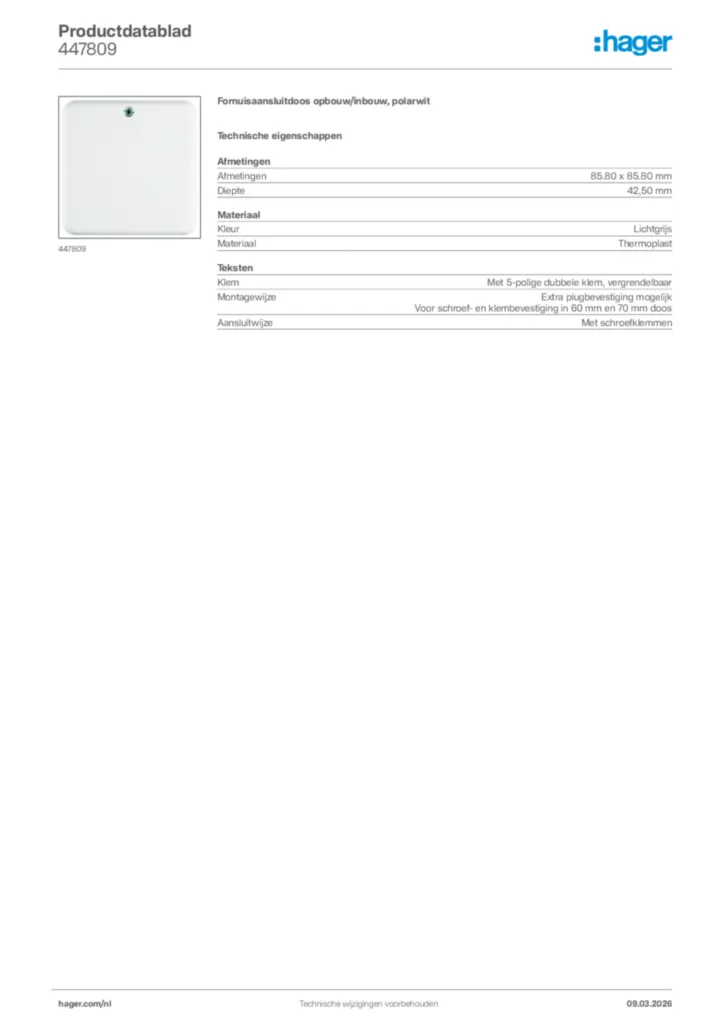 Afbeelding Hager Productdatablad 447809 | Hager Nederland