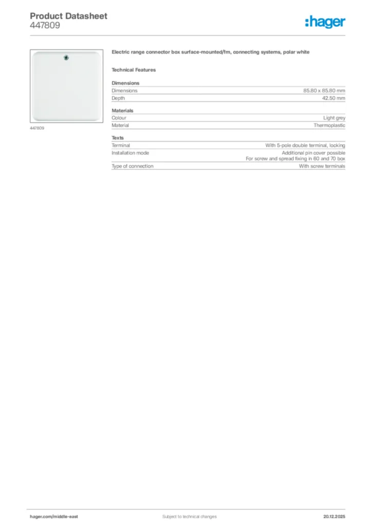 Image Hager Product data sheet 447809  | Hager