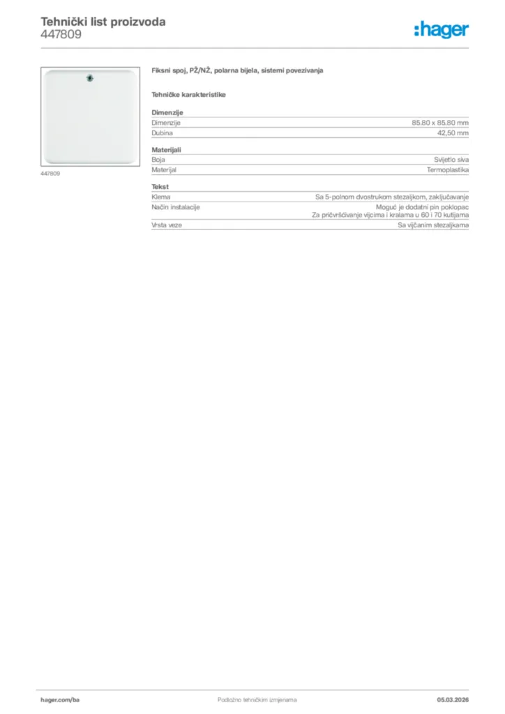 Slika Hager Tehnički list proizvoda 447809  | Hager