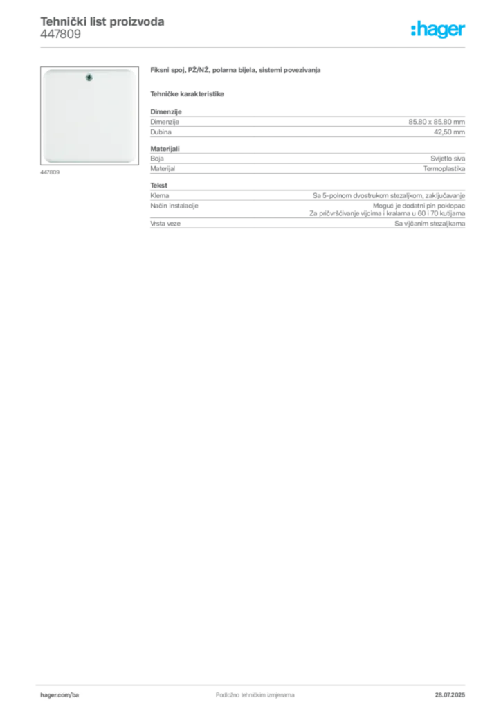 Slika Hager Product data sheet 447809  | Hager
