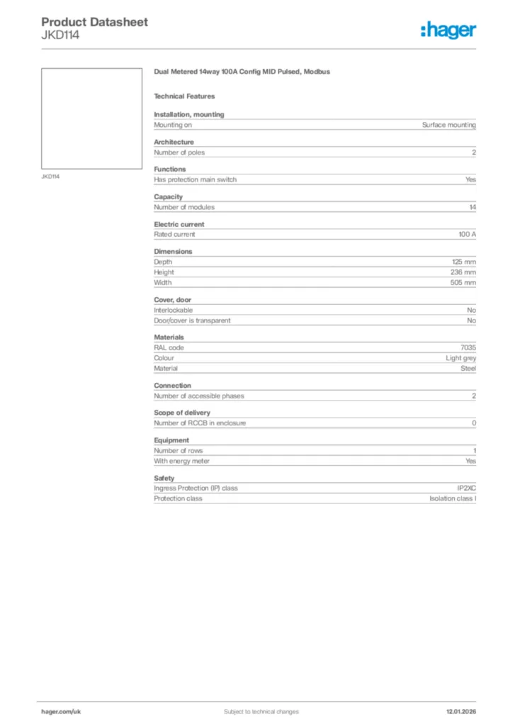 Image Hager Product data sheet JKD114  | Hager