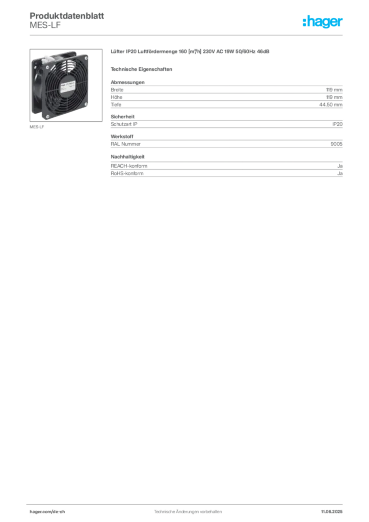 Bild Hager Produktdatenblatt MES-LF | Hager Schweiz