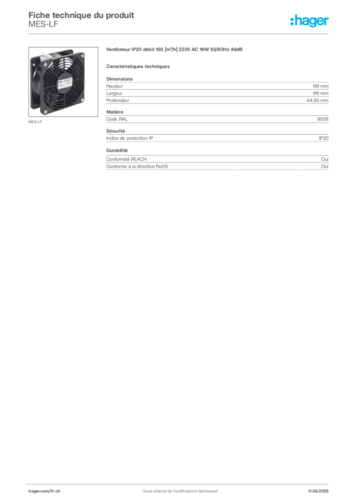 Image Hager Fiche technique du produit MES-LF | Hager Suisse