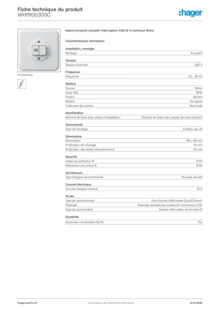 Image Hager Fiche technique du produit WH11100300C | Hager Suisse